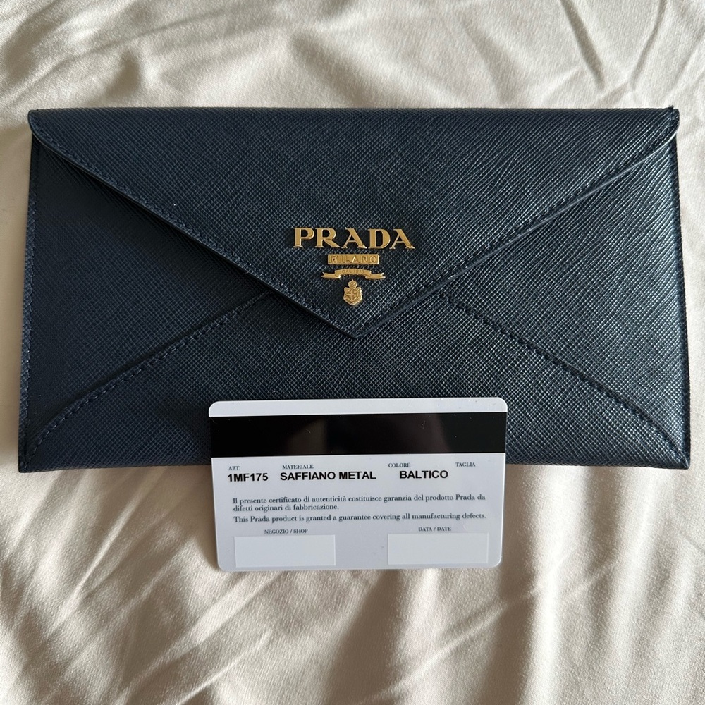 Prada Saffiano Leather Envelope Wallet - Navy Blue with Gold Logo